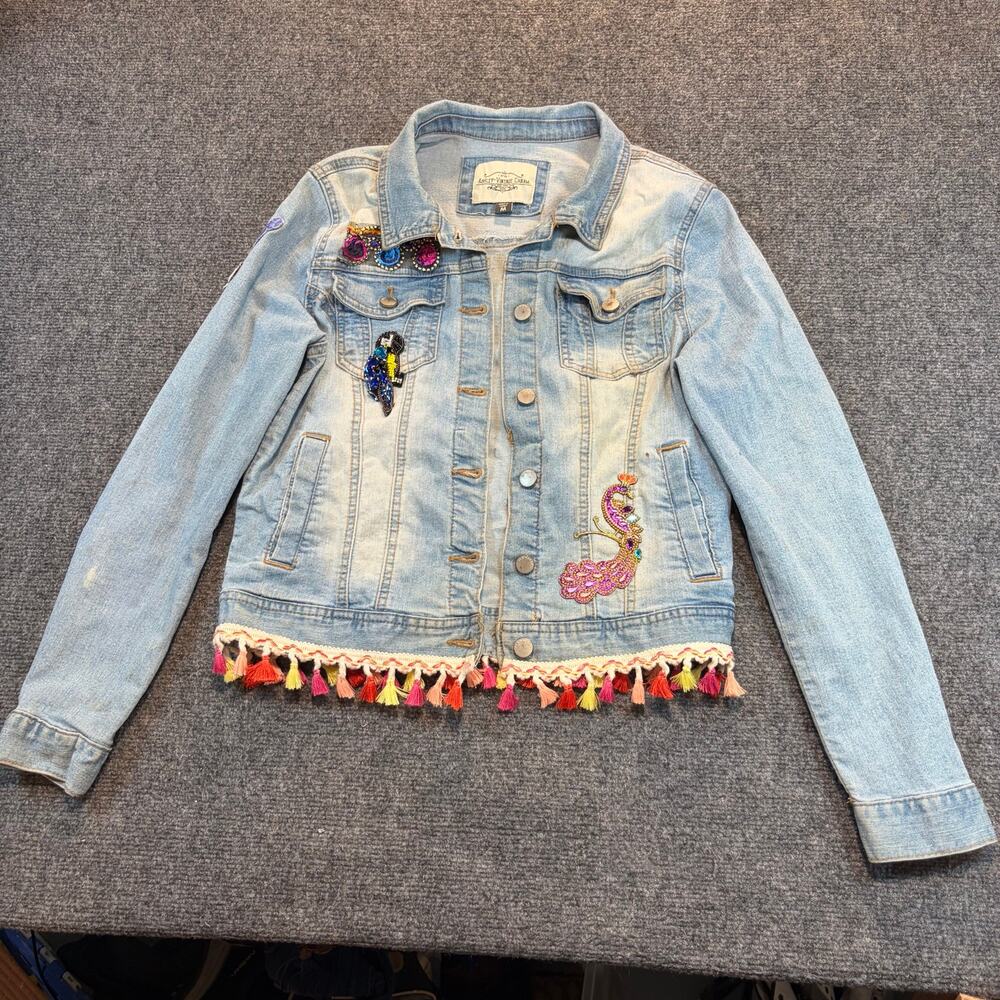 Ashley Vintage Charm Denim Jean Jacket Medium Fringe Boho Disney Patches Stretch